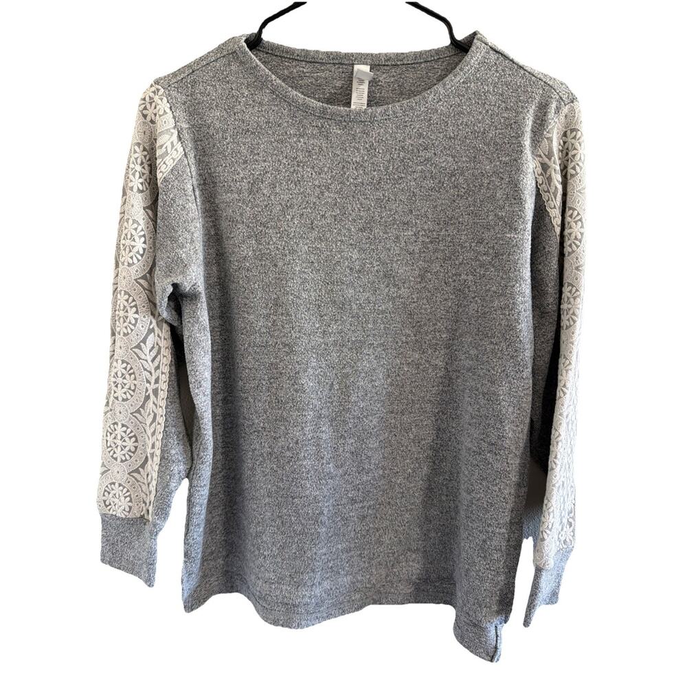 FN by Flora Nikrooz Women S Gray Marled Knit Pullover Lace Trim Sleeve Sweater
